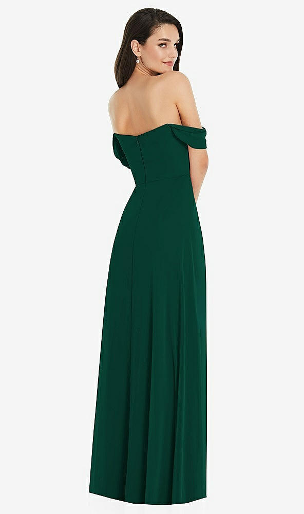Back View - Hunter Green Off-the-Shoulder Draped Sleeve Maxi Dress with Front Slit