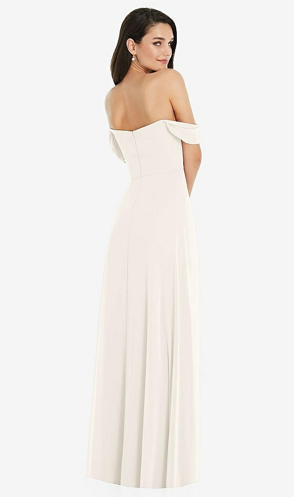 Back View - Ivory Off-the-Shoulder Draped Sleeve Maxi Dress with Front Slit
