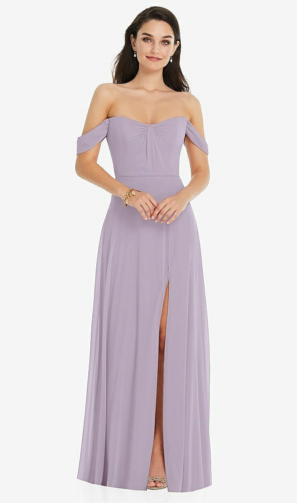 Front View - Lilac Haze Off-the-Shoulder Draped Sleeve Maxi Dress with Front Slit