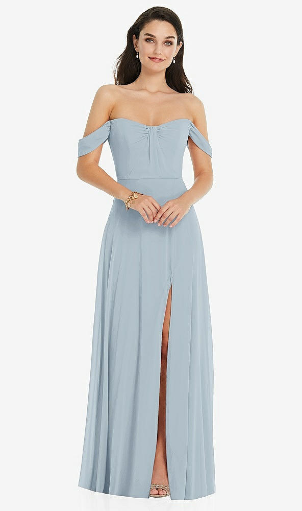 Front View - Mist Off-the-Shoulder Draped Sleeve Maxi Dress with Front Slit
