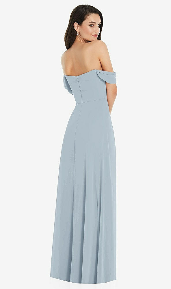 Back View - Mist Off-the-Shoulder Draped Sleeve Maxi Dress with Front Slit