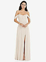 Front View Thumbnail - Oat Off-the-Shoulder Draped Sleeve Maxi Dress with Front Slit