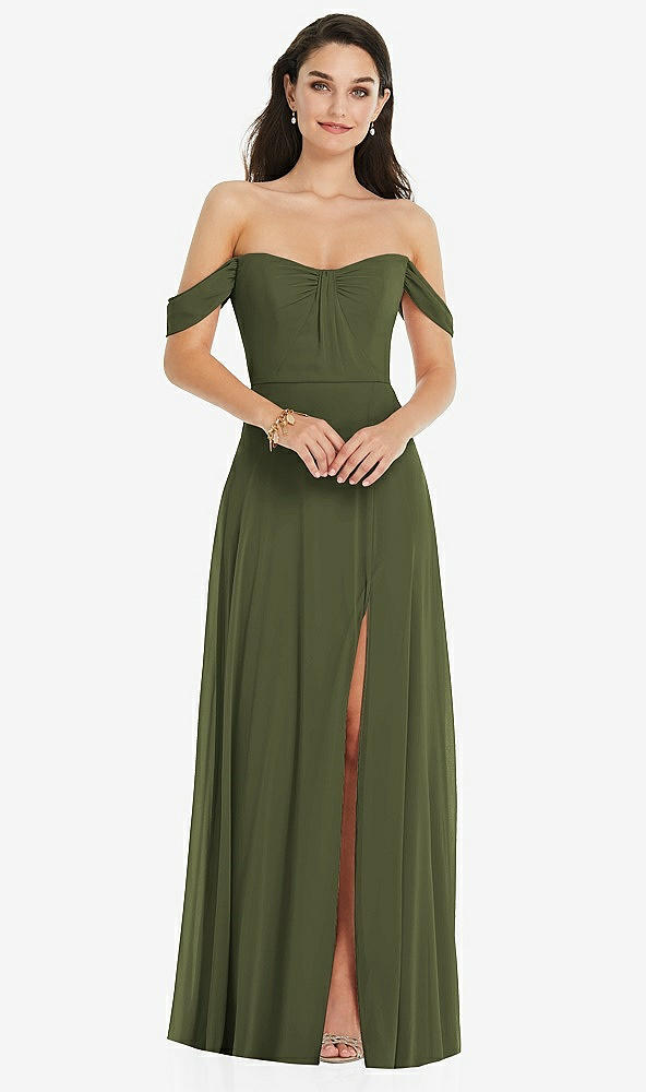 Front View - Olive Green Off-the-Shoulder Draped Sleeve Maxi Dress with Front Slit
