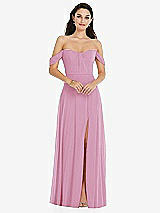 Front View Thumbnail - Powder Pink Off-the-Shoulder Draped Sleeve Maxi Dress with Front Slit