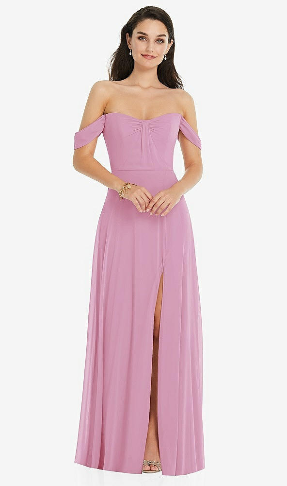 Front View - Powder Pink Off-the-Shoulder Draped Sleeve Maxi Dress with Front Slit