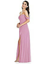 Side View Thumbnail - Powder Pink Off-the-Shoulder Draped Sleeve Maxi Dress with Front Slit