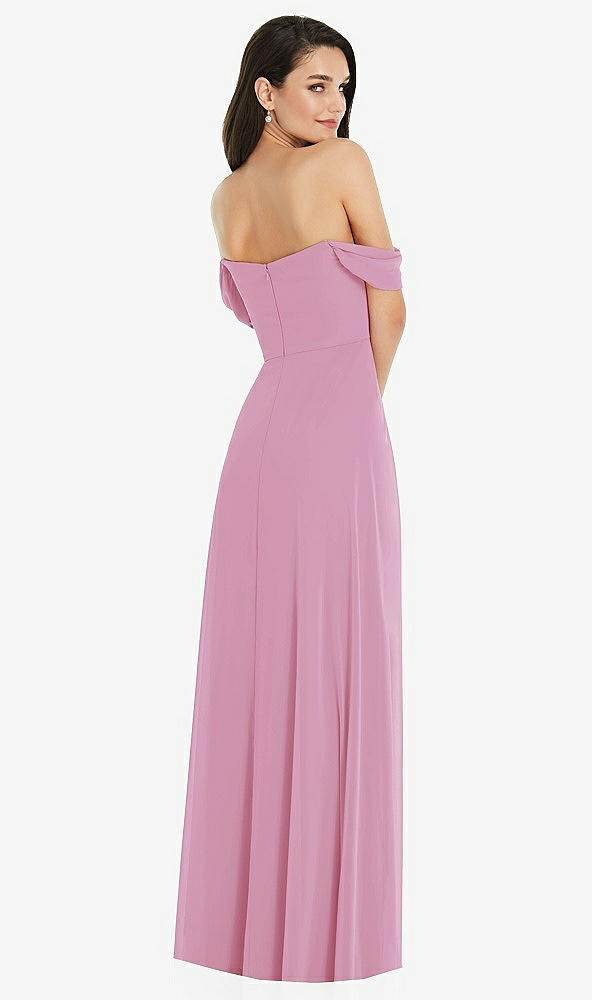 Back View - Powder Pink Off-the-Shoulder Draped Sleeve Maxi Dress with Front Slit