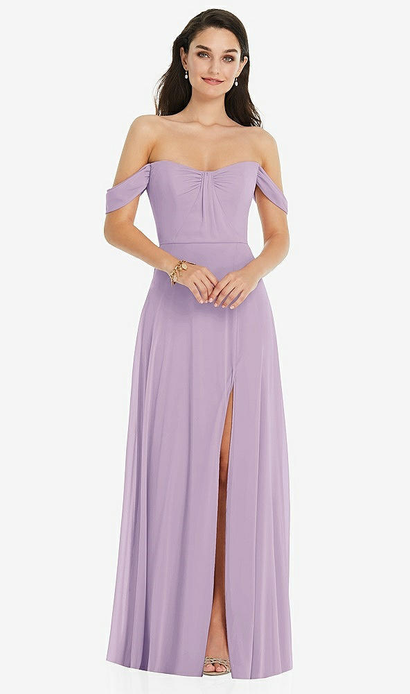Front View - Pale Purple Off-the-Shoulder Draped Sleeve Maxi Dress with Front Slit