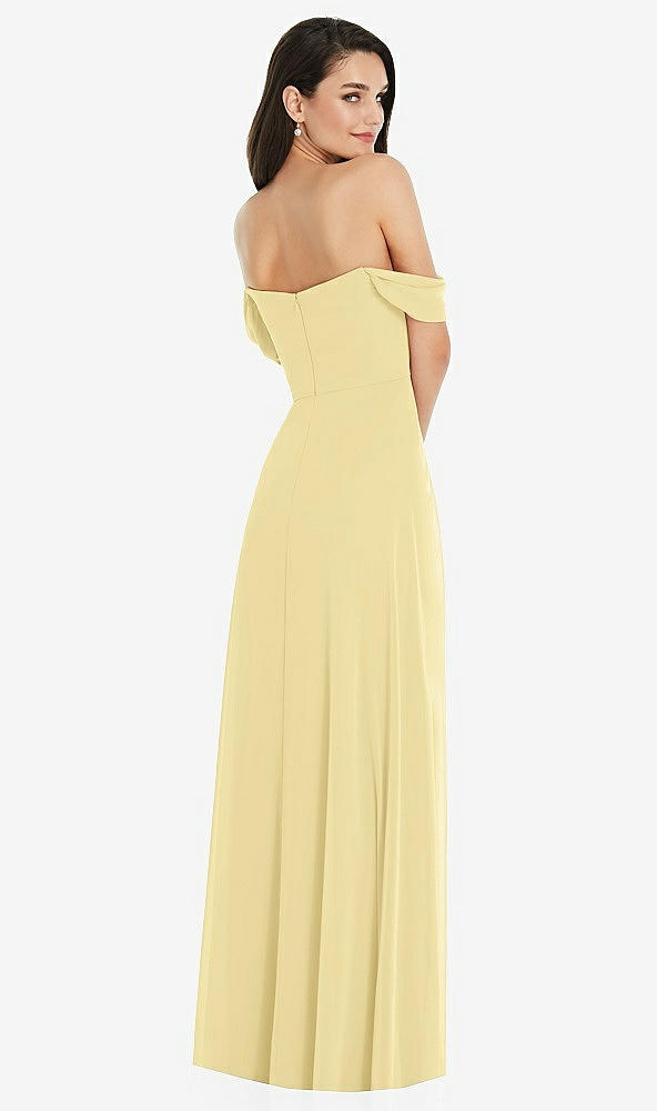 Back View - Pale Yellow Off-the-Shoulder Draped Sleeve Maxi Dress with Front Slit