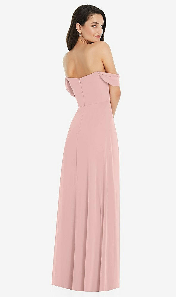 Back View - Rose - PANTONE Rose Quartz Off-the-Shoulder Draped Sleeve Maxi Dress with Front Slit