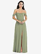 Front View Thumbnail - Sage Off-the-Shoulder Draped Sleeve Maxi Dress with Front Slit