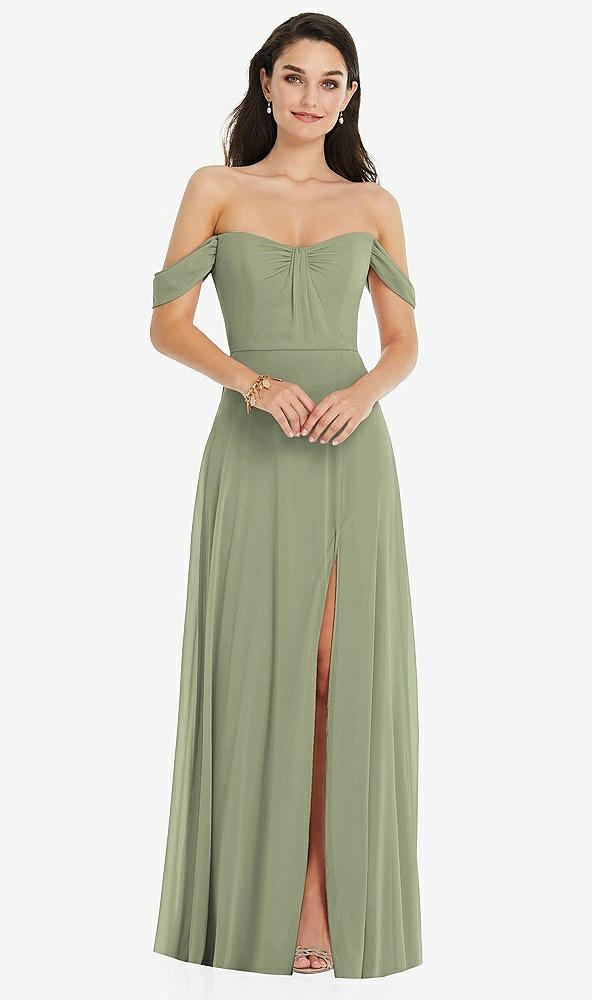 Front View - Sage Off-the-Shoulder Draped Sleeve Maxi Dress with Front Slit