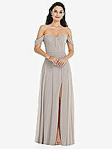 Front View Thumbnail - Taupe Off-the-Shoulder Draped Sleeve Maxi Dress with Front Slit
