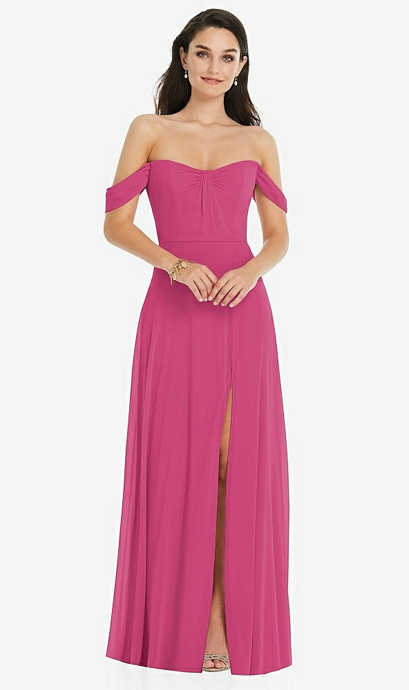 Front View - Tea Rose Off-the-Shoulder Draped Sleeve Maxi Dress with Front Slit