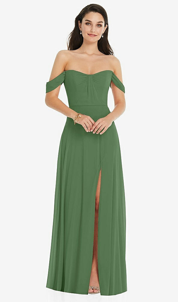 Front View - Vineyard Green Off-the-Shoulder Draped Sleeve Maxi Dress with Front Slit