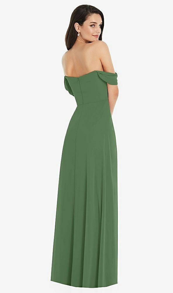 Back View - Vineyard Green Off-the-Shoulder Draped Sleeve Maxi Dress with Front Slit