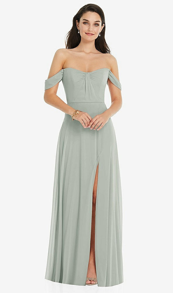 Front View - Willow Green Off-the-Shoulder Draped Sleeve Maxi Dress with Front Slit