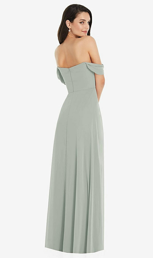 Back View - Willow Green Off-the-Shoulder Draped Sleeve Maxi Dress with Front Slit