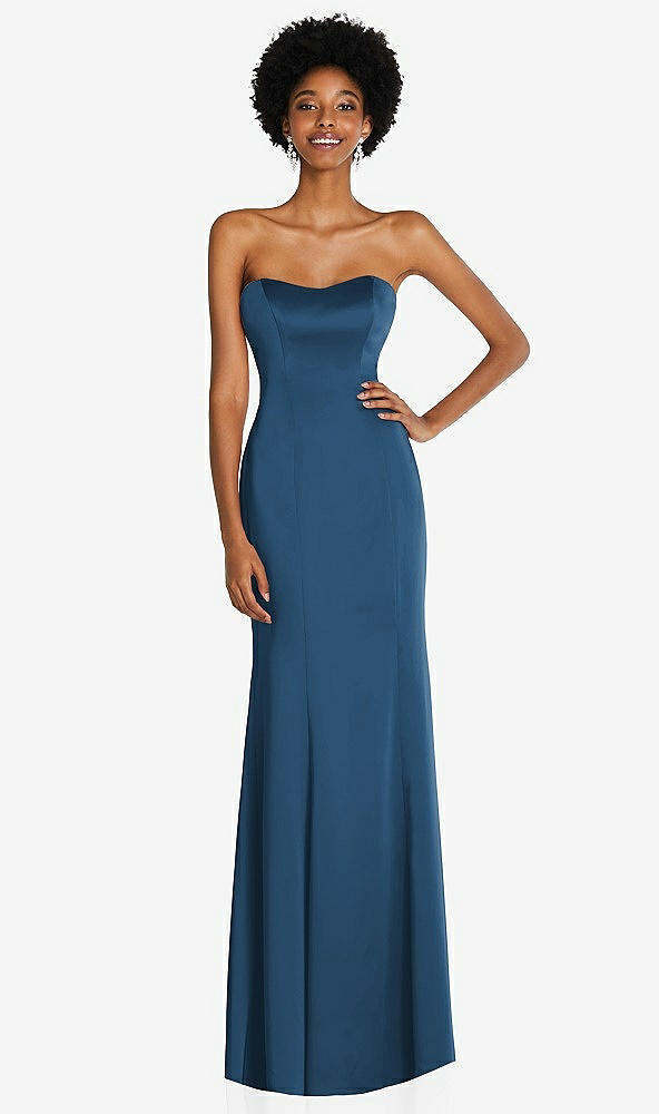 Front View - Dusk Blue Strapless Princess Line Lux Charmeuse Mermaid Gown