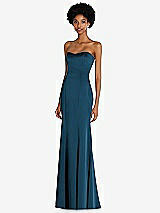 Side View Thumbnail - Atlantic Blue Strapless Princess Line Lux Charmeuse Mermaid Gown