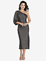 Front View Thumbnail - Caviar Gray One-Shoulder Puff Sleeve Midi Bias Dress with Side Slit