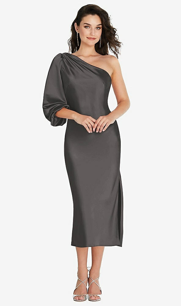 Front View - Caviar Gray One-Shoulder Puff Sleeve Midi Bias Dress with Side Slit