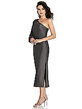 Side View Thumbnail - Caviar Gray One-Shoulder Puff Sleeve Midi Bias Dress with Side Slit