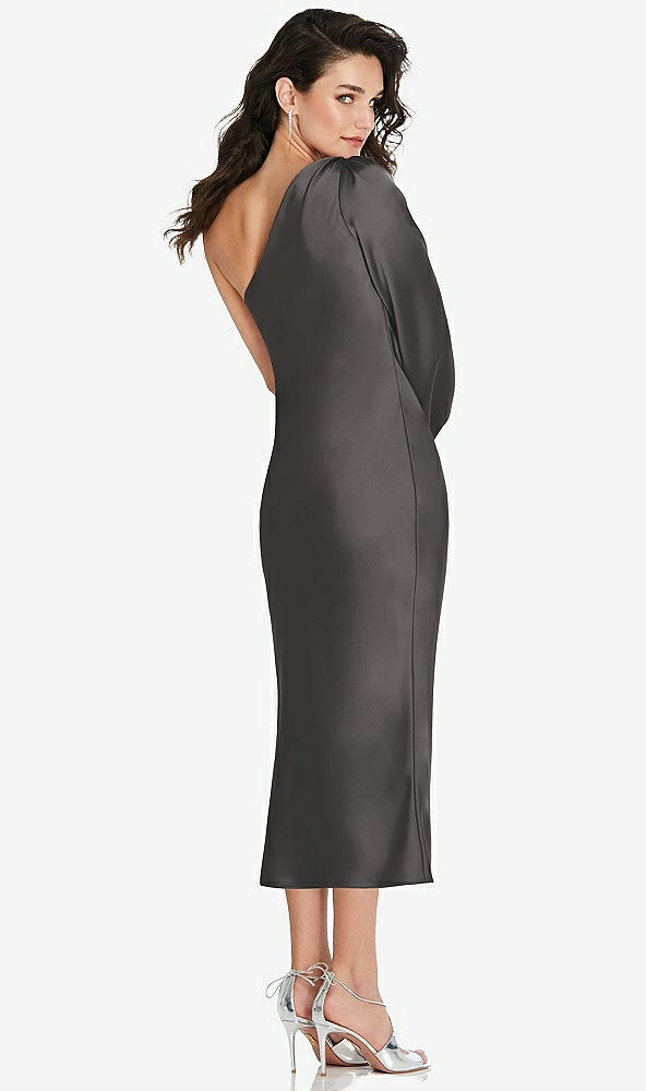 Back View - Caviar Gray One-Shoulder Puff Sleeve Midi Bias Dress with Side Slit