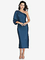 Front View Thumbnail - Dusk Blue One-Shoulder Puff Sleeve Midi Bias Dress with Side Slit