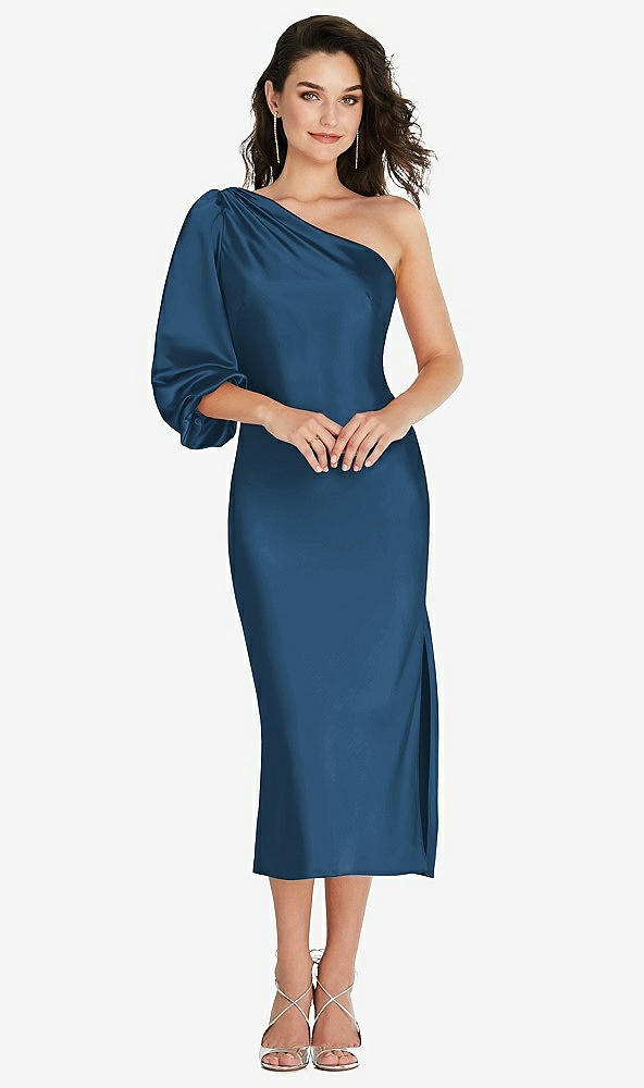 Front View - Dusk Blue One-Shoulder Puff Sleeve Midi Bias Dress with Side Slit