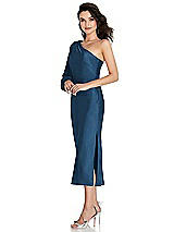 Side View Thumbnail - Dusk Blue One-Shoulder Puff Sleeve Midi Bias Dress with Side Slit