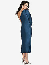 Rear View Thumbnail - Dusk Blue One-Shoulder Puff Sleeve Midi Bias Dress with Side Slit