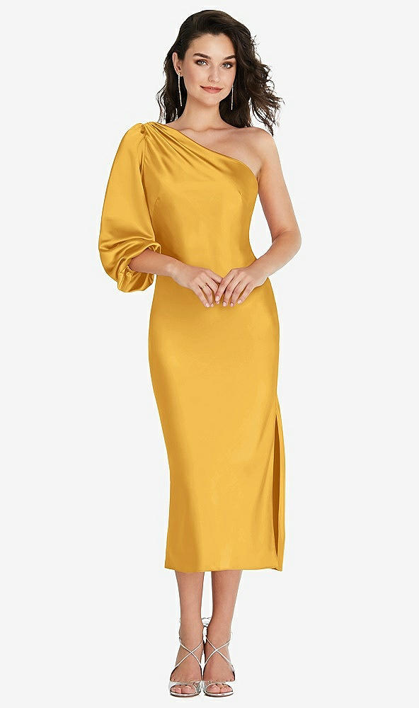 Front View - NYC Yellow One-Shoulder Puff Sleeve Midi Bias Dress with Side Slit