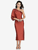 Front View Thumbnail - Amber Sunset One-Shoulder Puff Sleeve Midi Bias Dress with Side Slit