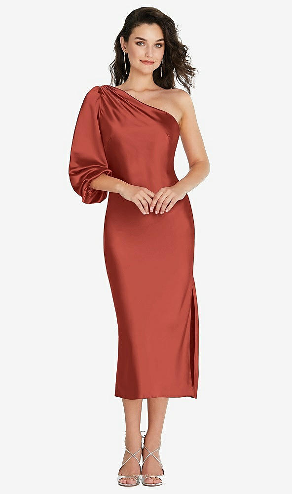 Front View - Amber Sunset One-Shoulder Puff Sleeve Midi Bias Dress with Side Slit