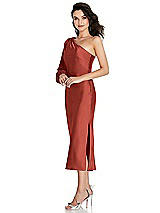 Side View Thumbnail - Amber Sunset One-Shoulder Puff Sleeve Midi Bias Dress with Side Slit
