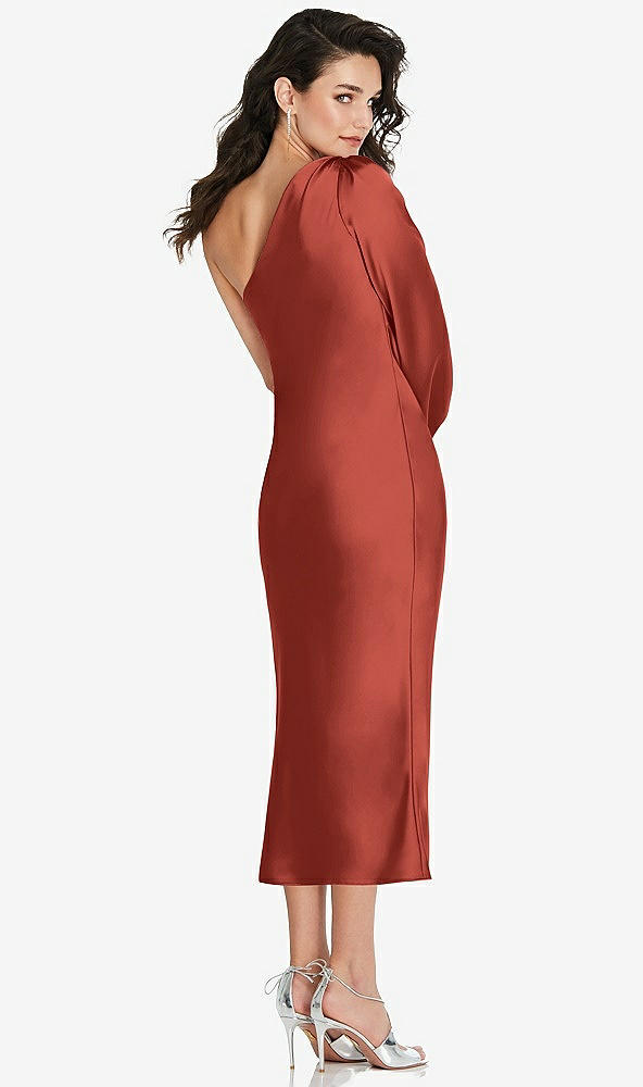 Back View - Amber Sunset One-Shoulder Puff Sleeve Midi Bias Dress with Side Slit