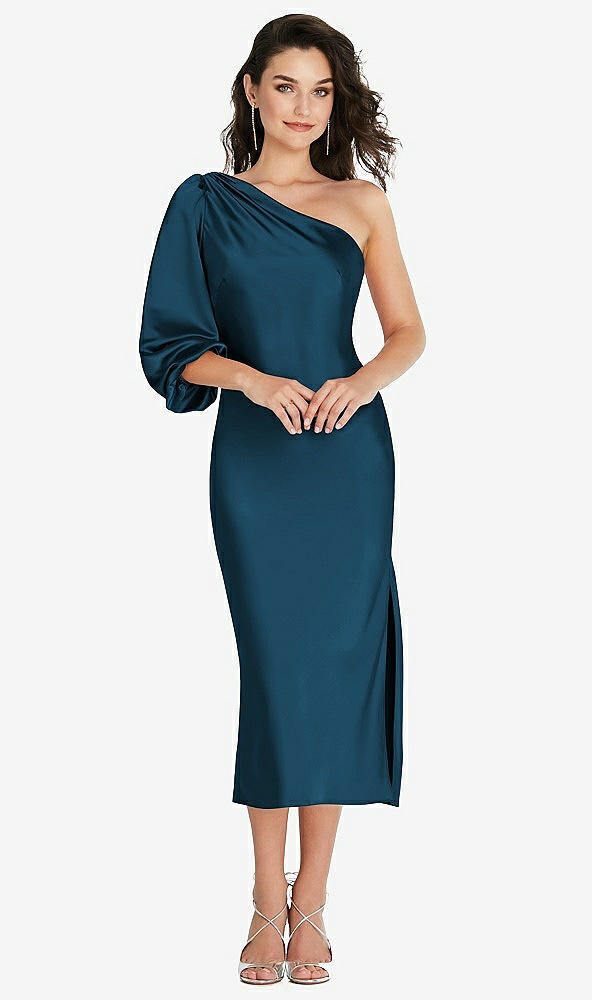 Front View - Atlantic Blue One-Shoulder Puff Sleeve Midi Bias Dress with Side Slit