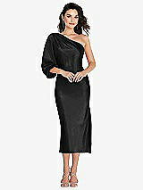Front View Thumbnail - Black One-Shoulder Puff Sleeve Midi Bias Dress with Side Slit