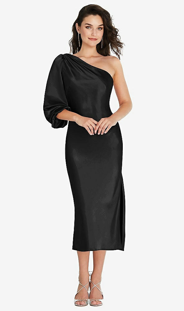 Front View - Black One-Shoulder Puff Sleeve Midi Bias Dress with Side Slit