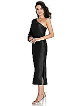 Side View Thumbnail - Black One-Shoulder Puff Sleeve Midi Bias Dress with Side Slit