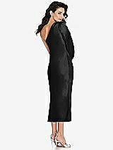 Rear View Thumbnail - Black One-Shoulder Puff Sleeve Midi Bias Dress with Side Slit