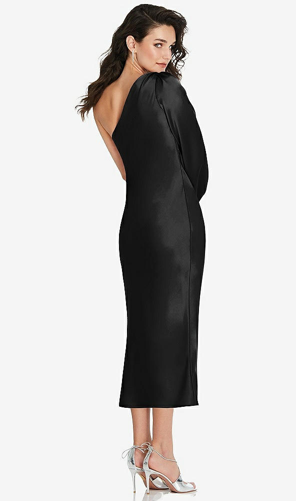 Back View - Black One-Shoulder Puff Sleeve Midi Bias Dress with Side Slit