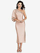 Front View Thumbnail - Cameo One-Shoulder Puff Sleeve Midi Bias Dress with Side Slit