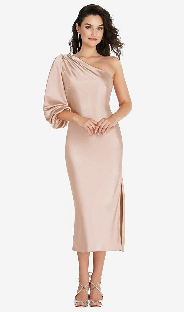 Front View - Cameo One-Shoulder Puff Sleeve Midi Bias Dress with Side Slit