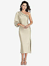 Front View Thumbnail - Champagne One-Shoulder Puff Sleeve Midi Bias Dress with Side Slit