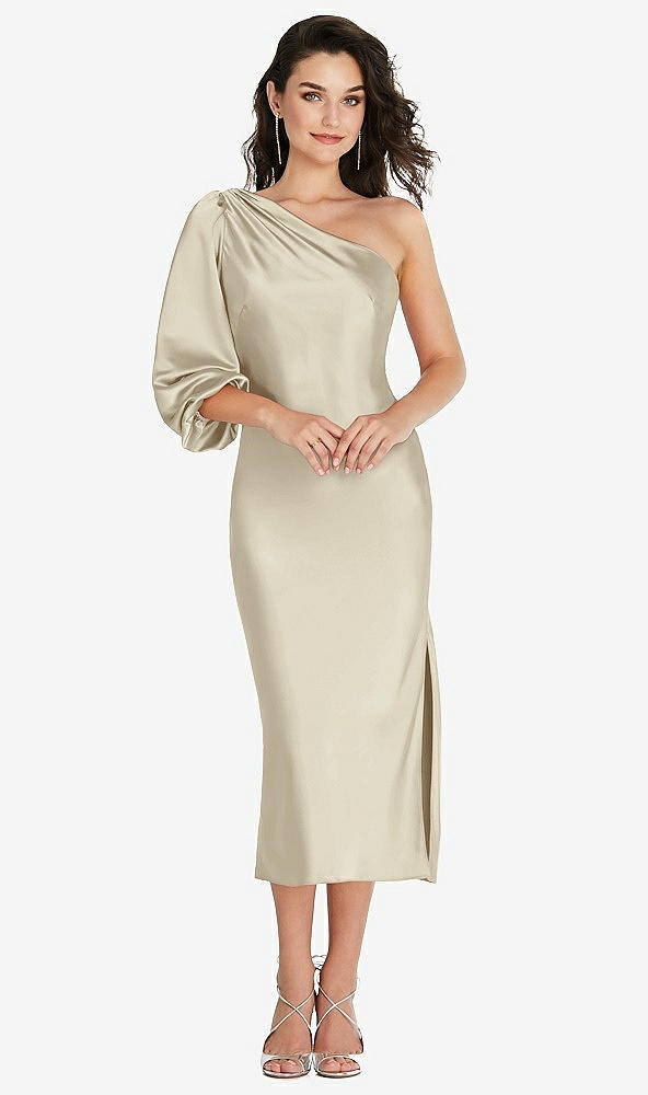 Front View - Champagne One-Shoulder Puff Sleeve Midi Bias Dress with Side Slit