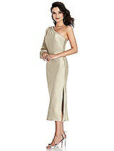 Side View Thumbnail - Champagne One-Shoulder Puff Sleeve Midi Bias Dress with Side Slit