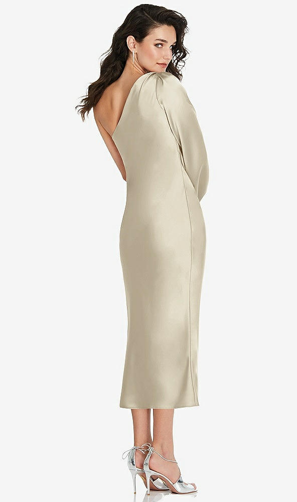 Back View - Champagne One-Shoulder Puff Sleeve Midi Bias Dress with Side Slit