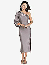 Front View Thumbnail - Cashmere Gray One-Shoulder Puff Sleeve Midi Bias Dress with Side Slit